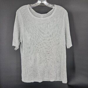 Chicos Sweater Womens 3 Silver Harbor Mesh Pullover Metallic Short Sleeve NWT
